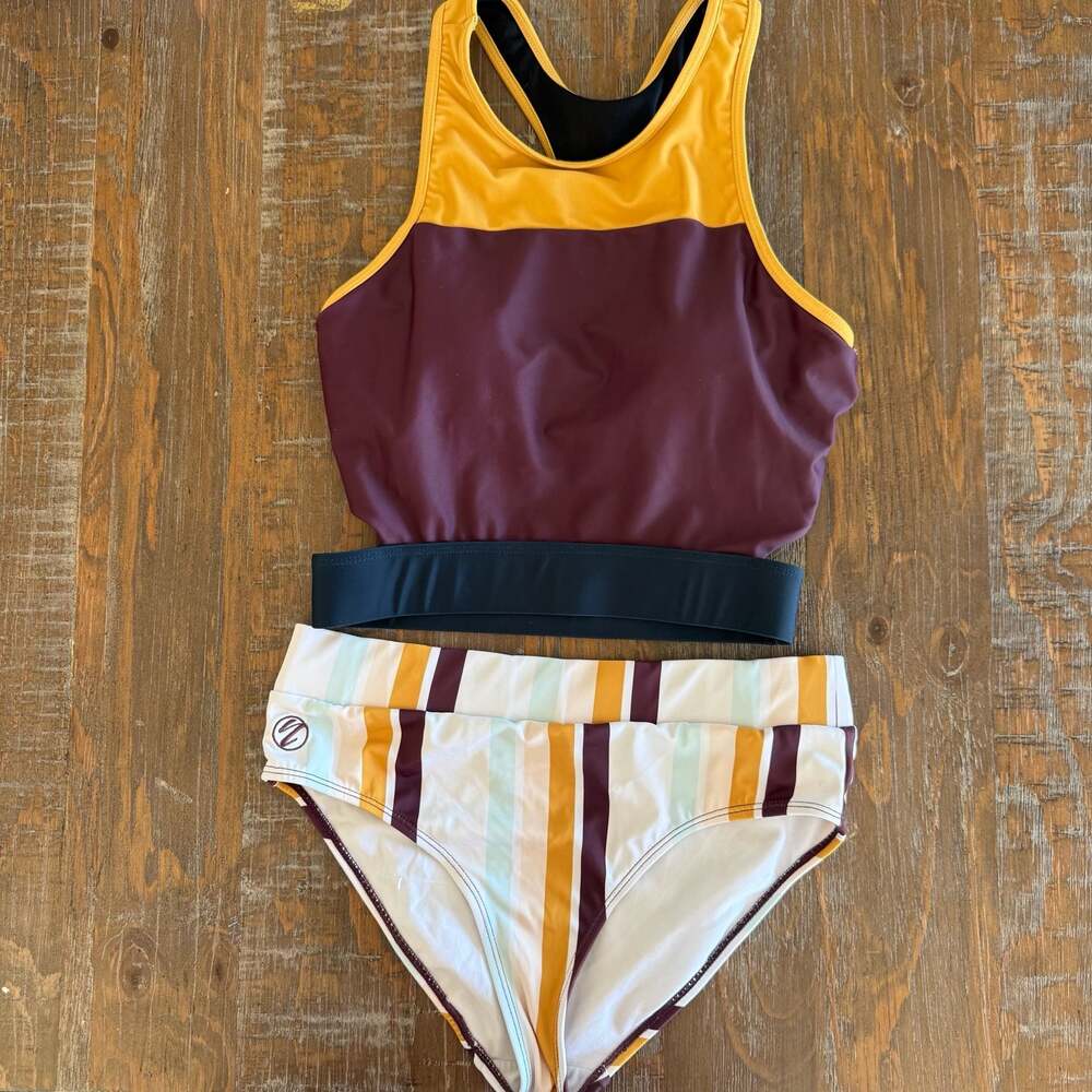 Nani Swimwear Cut Back Crop Bikini Top and Striped Mid Rise Bottom Set